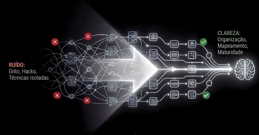 Ruído (grito, hacks, técnicas isoladas) convergindo em clareza (organização, mapeamento, maturidade)